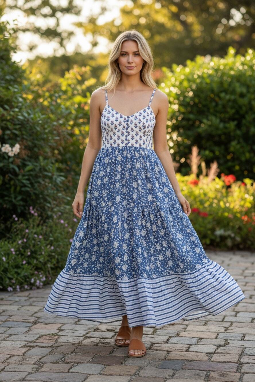 J.Crew Maxi Dress Womens 00 Blue White Block Floral Spaghetti Strap Button Front